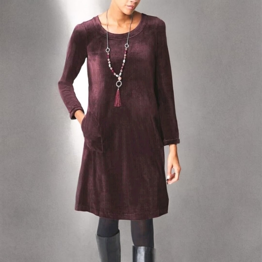 J. Jill Velour‎ Long Sleeve Crew Shift Midi Dress Pockets, Stretchy, Comfy, XL